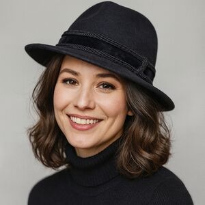 Vintage Muhlbauer Black Wool Felt Hat‎ with Velvet headband and rope details